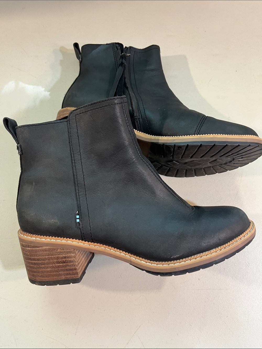 Toms Black Leather Ankle Boots with Stacked Wood Heel-posted for leticia Taylor